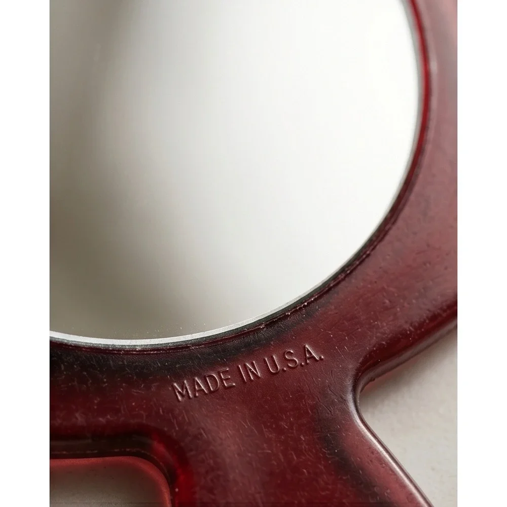 Vintage‎ 60s 70s Hand Mirror Art Deco Floral Red Lucite Made in USA